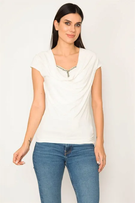 Kadın Kemik Taş Detaylı Düşük Yakalı Bluz