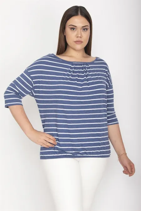 Kadın İndigo Yakası Pile Ve Etek Ucu Lastik Detaylı  Düşük Kollu Çizgili Bluz 65N26434