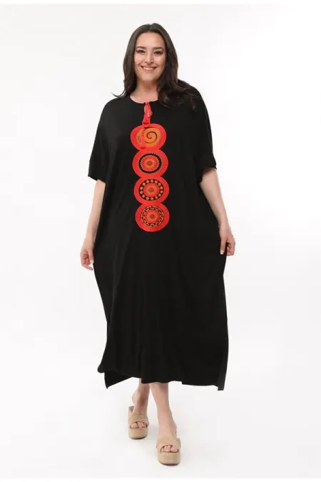 Kadın Büyük Beden Siyah, Rahat Kesim V Yaka Nakışlı Elbise 65N39077