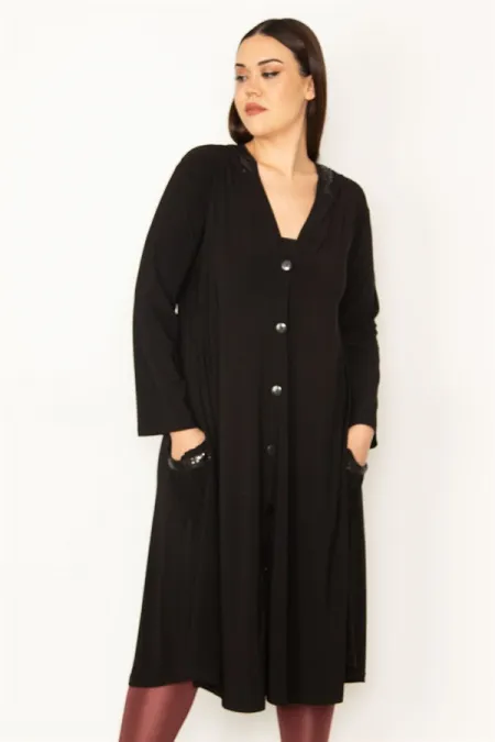 Kadın Siyah Sandy Kumaş Payet Detaylı Ön Düğmeli Kapşonlu Kap 65N31703