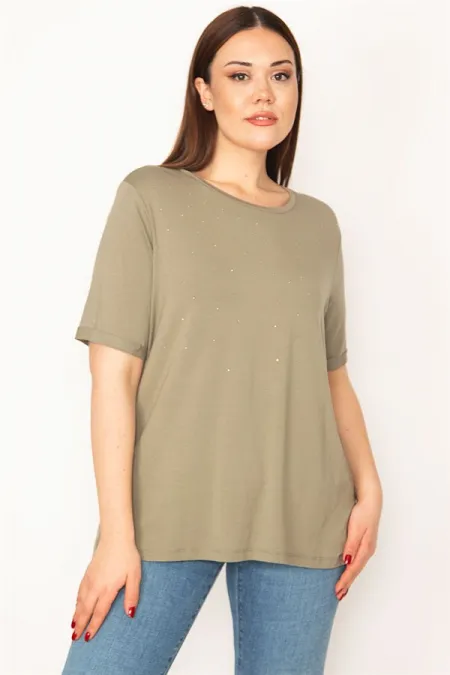 KADIN HAKİ TAŞ DETAYLI BİSİKLET YAKALI KISA KOLLU BLUZ