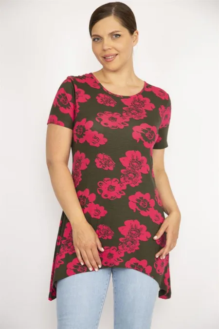 Kadın Renkli Büyük Beden Bisiklet Yakalı Etek Ucu Asimetrik Kesim Kısa Kollu Bluz