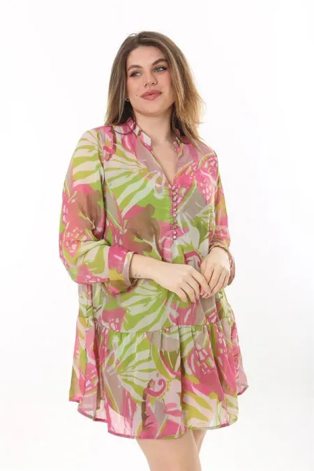 Kadın Büyük Beden Renkli Ön Pat Düğmeli Astarlı Şifon Tunik 65N37620