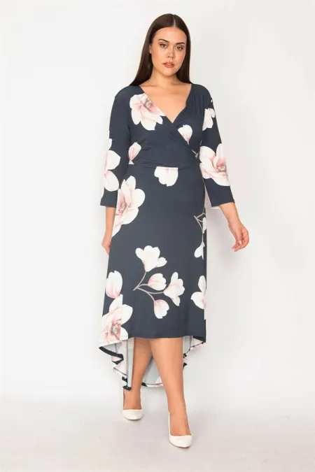 KADIN LACİVERT ANVELOP YAKALI ARKASI UZUN ELBİSE