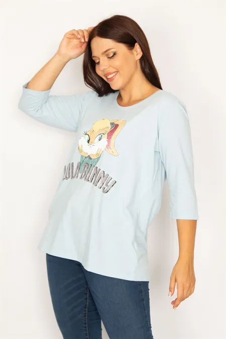 Kadın Mavi Baskı Ve Pul Detaylı Fakir Kol Tunik 85N7185