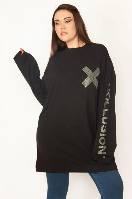 Kadın Siyah Büyük Beden Pamuklu Kumaş Taş Detaylı Tunik 65N35776