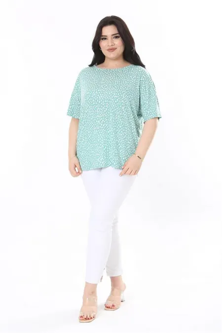 Kadın Büyük Beden Yeşil Bisiklet Yakalı Kısa Kollu Likralı Viskon Bluz 65N38000