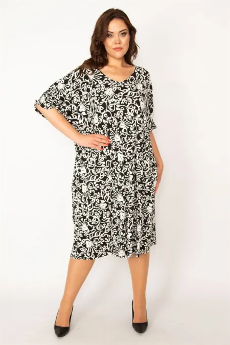 Kadın Siyah V Yaka Bel Ve Kol Ağzı Gipe Lastikli Cepli Rahat Kesim Elbise 65N33461