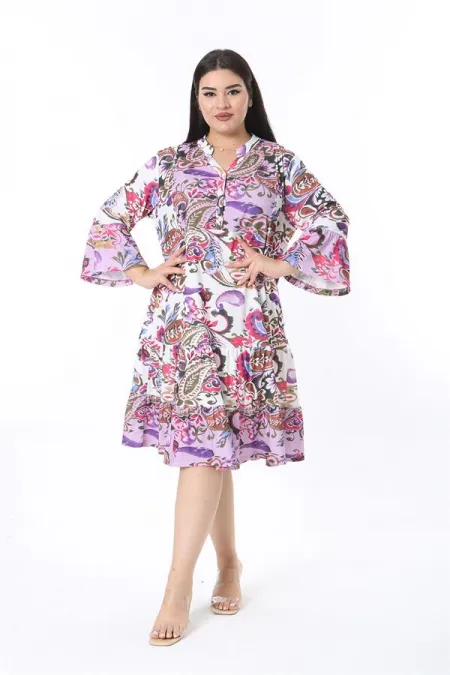 Kadın Büyük Beden Lila Ön Patı Düğmeli Volan Kollu Etek Ucu Katlı Elbise 65N38484