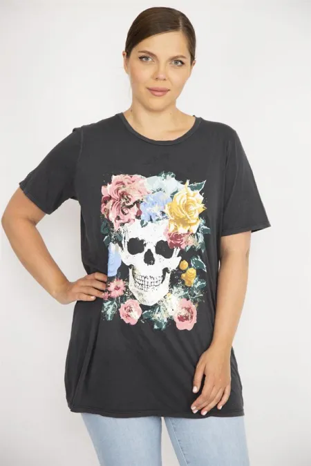 Kadın Büyük Beden Füme Pamuklu Kumaş Ön Baskılı Bisiklet Yakalı Bluz