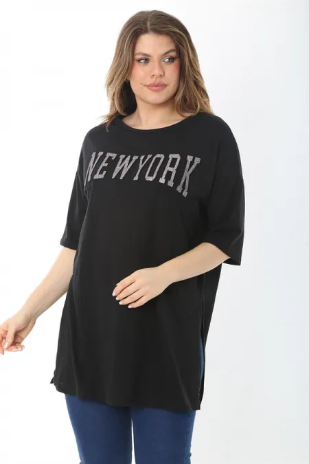 Kadın Büyük Beden Siyah Taş Ve Sim Detaylı Yan Yırtmaçlı Bluz 65N37466