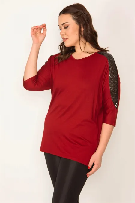 KADIN BORDO PAYET DETAYLI V YAKA KAPRİ KOL VİSKON BLUZ