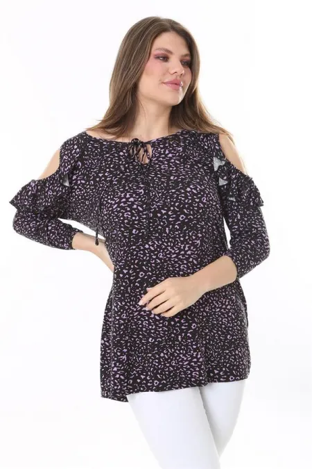 Kadın Büyük Beden Renkli Omuz Dekolte Ve Volan Detaylı Bluz 65N37800