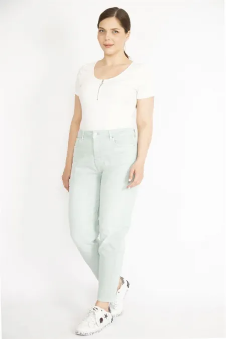 Kadın Su Yeşili Büyük Beden 5 Cepli Kot Pantolon