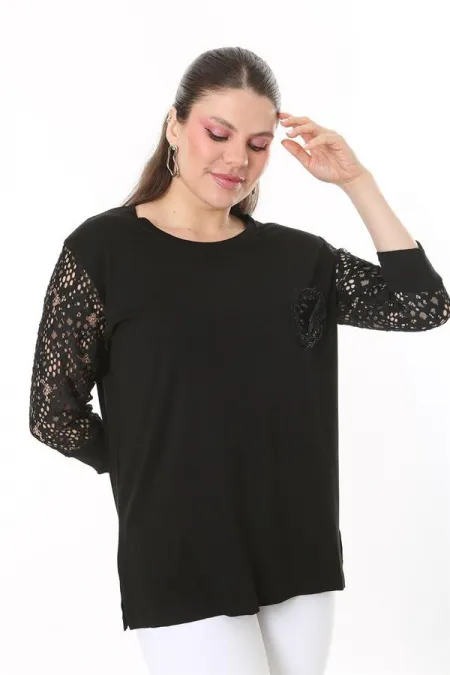 Kadın Büyük Beden Siyah Göğsü Aplike İşli Kolları Dantel Bluz 65N37690