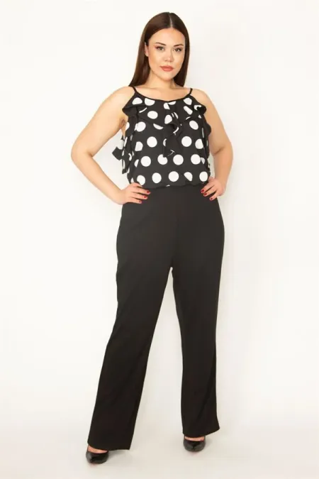 KADIN SİYAH V YAKA ASKILI VOLAN KOLLU BEL KISMI LASTİK DETAYLI TULUM