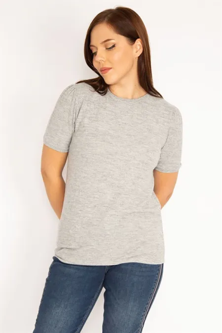 Kadın Gri Yumoş Kumaş Kısa Kollu Bluz 65N34939