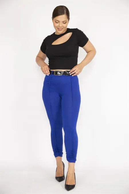 Kadın Büyük Beden Saks Kemer Aksesuarlı Büzgü Detaylı Tayt