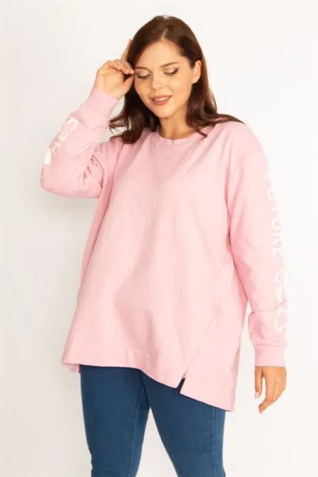 Women's Pink Inside-Red Cotton Fabric Hem with Two Side Zippers and Slit Sleeve Printed Sweatshirt