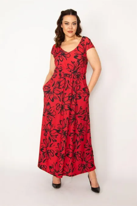 Kadın Renkli V Yakalı Bel Büzgülü Uzun Elbise 65N33190