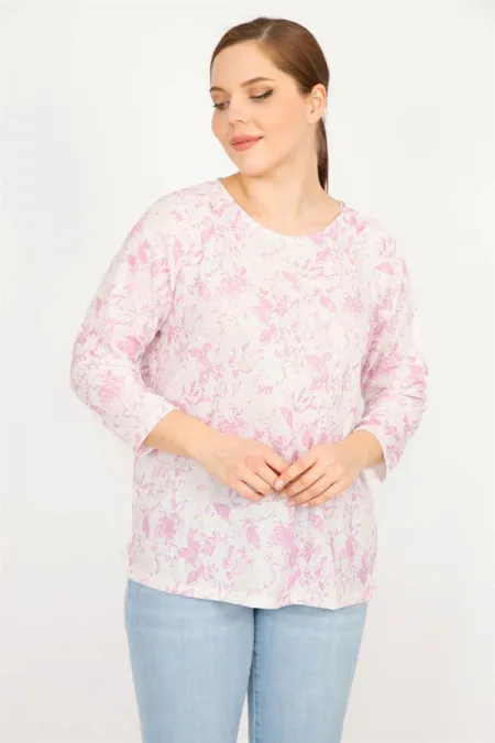 Kadın Pembe Büyük Beden Bisiklet Yakalı Desenli Bluz