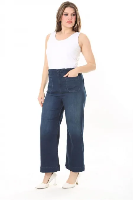 Kadın Büyük Beden Lacivert Yüksek Bel 4 Cepli Likralı Kot Pantolon 65N37922