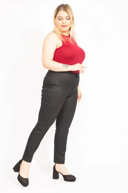 Kadın Kahve Büyük Beden Suni Deri Gizli Kemer Cepsiz Pantolon 65N35581