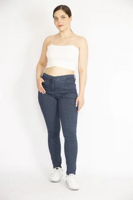 WOMEN'S NAVY BLUE HOUGHFOOT PATTERNED 5 POCKET LYCRA TROUSERS