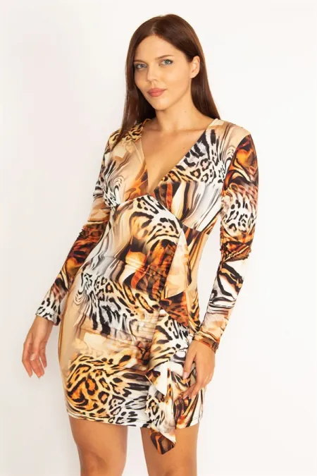 Kadın Renkli Eteği Volanlı V Yakalı Elbise 65N34618