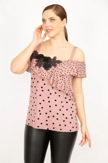 WOMEN'S POWDERY SEQUIN APPLIQUE AND FLOORN DETAILED POINT PATTERNED STRAP BLOUSE