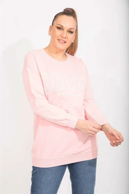 Women's Pink Cotton Fabric Stone and Print Detailed Sweatshirt 65N35482
