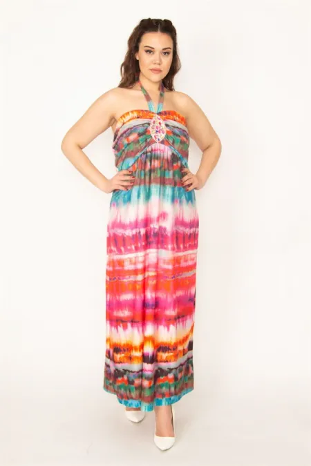 KADIN RENKLİ BOYUNDAN BAĞLAMALI TAŞ İŞLİ ELBİSE