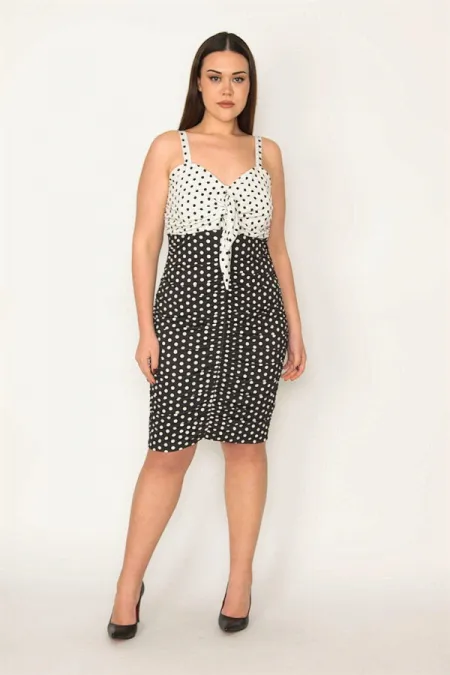 WOMEN'S BLACK SHIRT-DETAILED POINT PATTERNED STRAP DRESS