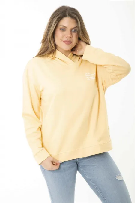 Kadın Büyük Beden Sarı Arka Ve Göğüs Baskılı İki İplik Kapşonlu Sweatshirt 65N37164