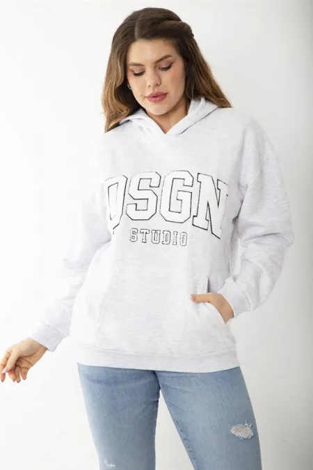 Women's Plus Size Gray Embroidered Inside and Kangaroo Pocket Detailed Hooded Sweatshirt 65N37206