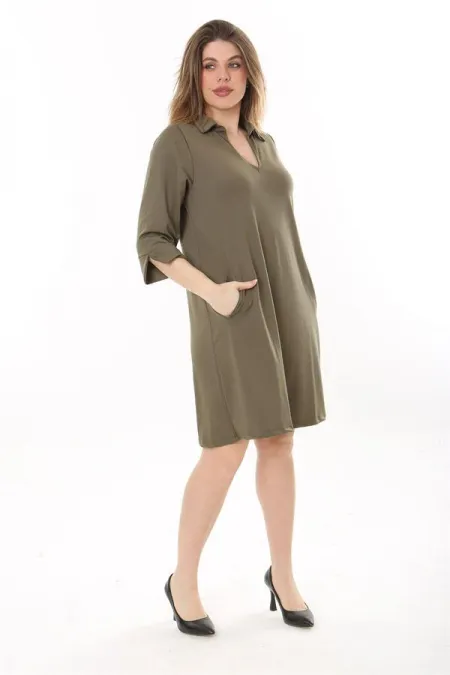 Kadın Büyük Beden Haki V Yakalı Cepli Krep Elbise 65N37658