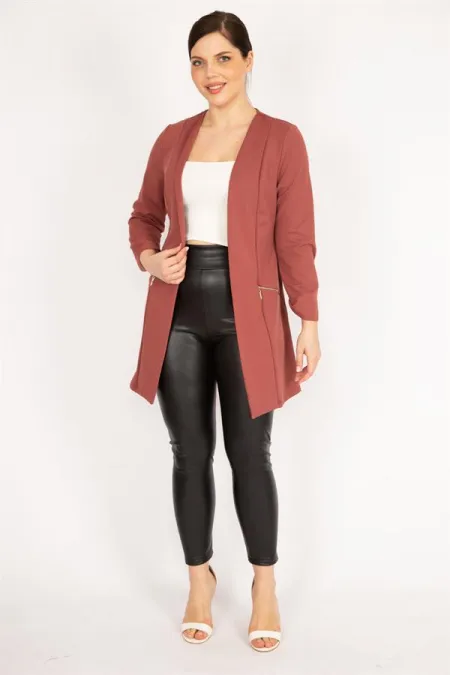 Kadın Gül Kurusu Büyük Beden Süs Fermuar Cepli Astarsız Ceket