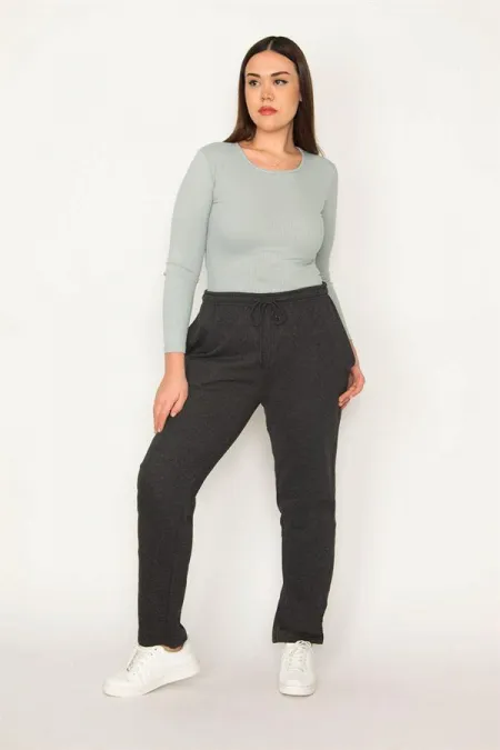 Kadın Büyük Beden Füme Yan Cepli Eşofman Alt 65N36890