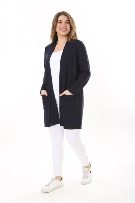 Kadın Büyük Beden Lacivert Ön Cepli Hırka 65N37600