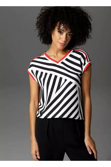 Kadın Kemik Önü Desenli Krep Kumaş Çizgi Kombinli V Yakali Bluz 65N22132