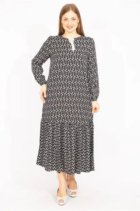 Kadın Siyah Dokuma Viskon Kumaş Etek Ucu Katlı Uzun Kollu Elbise 65N35511