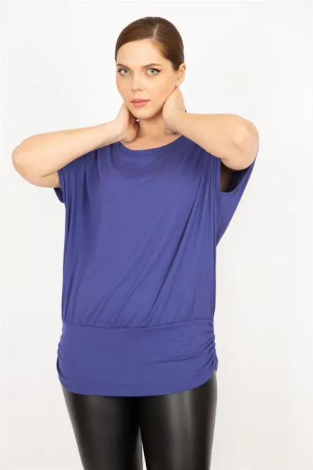 Kadın İndigo Büyük Beden Bisiklet Yakalı Etek Ucu Bantlı Tunik