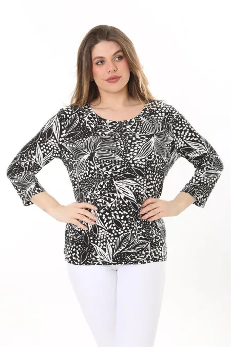 Kadın Büyük Beden Siyah Bisiklet Yakalı Uzun Kollu Bluz 65N37585