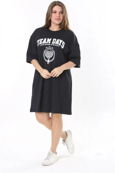 Kadın Büyük Beden Lacivert Ön Baskılı Tunik Elbise 65N37790