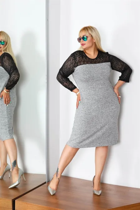 Kadın Gri Dantel Detaylı Elbise 65N21247