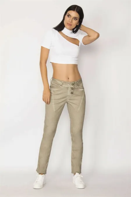 KADIN HAKİ YIKAMALI GABARDİN KUMAŞ METAL DÜĞMELİ KUP DETAYLI PANTOLON