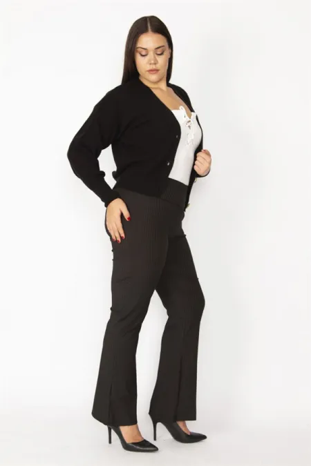 Kadın Bordo Kendinden Çizgili Strech Geniş Paçalı Pantolon 65N28669