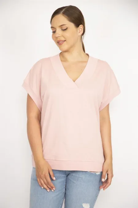Kadın Pembe Büyük Beden V Yakalı Ribanalı Tunik