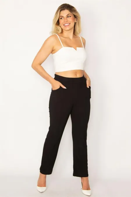 Kadın Siyah Büyük Beden Likralı Sandy Kumaş Ütü İzi Çima Dikişli Cepli Pantolon