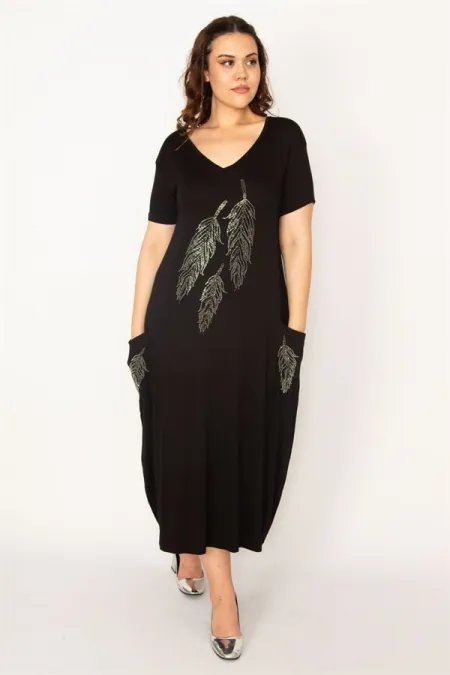 Kadın Siyah Taş Detaylı V Yaka Viskon Elbise 65N33184